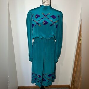 Vintage Mary McFadden 100% Silk Teal Geometric Long Sleeve Midi Dress